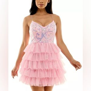 B. DARLIN Juniors' Sequined V-Neck Tiered-Skirt Fit & Flare Dress